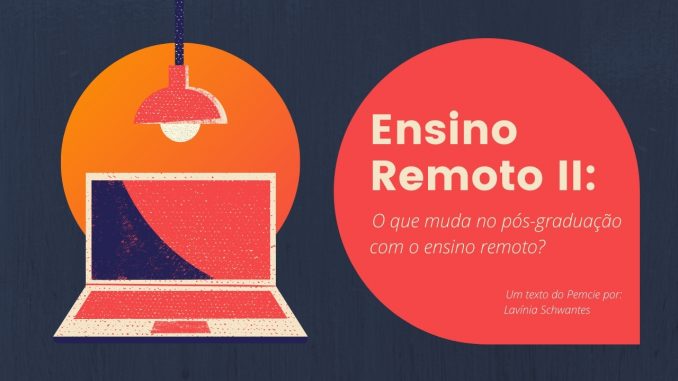 há um computador no lado esquerdo, com uma luminária acima. Ao lado direito há um balão de diálogo escrito: Ensino Remoto II: o que muda no pós-graduação com o ensino remoto?