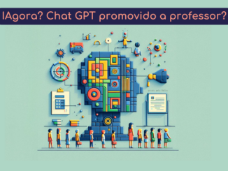 A imagem apresenta um perfil humano estilizado e colorido, representando um tema de tecnologia e aprendizado. No topo, há um texto em português que pergunta: “IA gora? Chat GPT promovido a professor?” Abaixo, pequenas figuras humanas estão alinhadas, olhando para o perfil maior. O perfil é composto por vários ícones que simbolizam livros, relógios, engrenagens e lâmpadas, indicando ideias e educação. O fundo é azul claro, e o estilo é moderno e abstrato, com cores vibrantes.