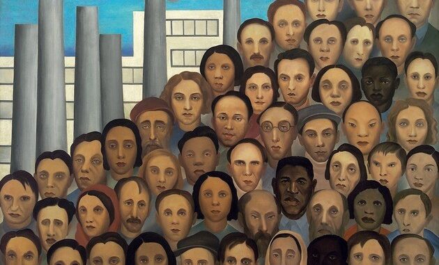 Operários (1933) - Tarsila do Amaral A pintura nos apresenta uma fila de operários, um ao lado do outro, como se estivessem em uma linha de montagem. Seus olhos, fixos em um ponto distante, expressam uma profunda melancolia. As cores são intensas e contrastantes, com tons de cinza e preto predominando, criando uma atmosfera pesada e opressora. Ao fundo, as chaminés das fábricas se elevam como gigantescos dedos acusadores, dominando a paisagem.