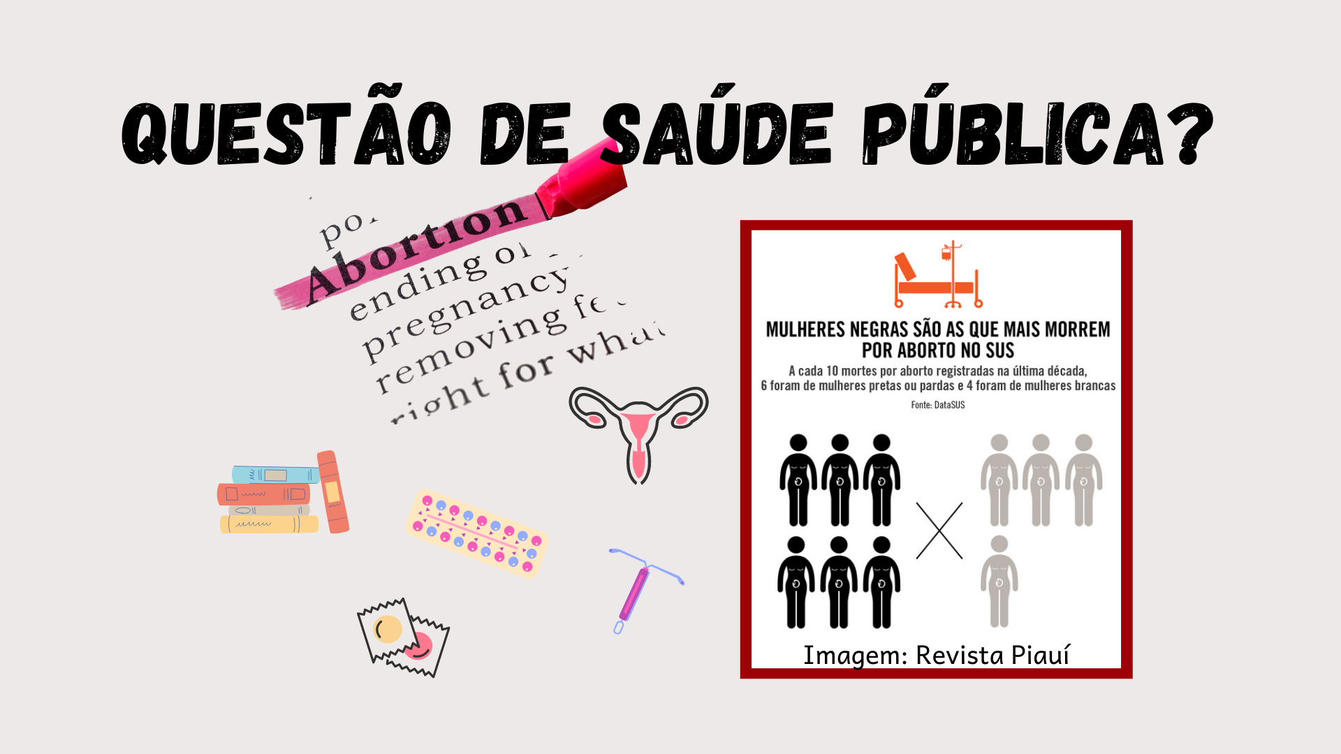 Título Questão de Saúde Pública? Com imagens que remetem à questão do aborto e contracepção abaixo (diu, pílula, camisinha). Também há um infográfico da revista Piauí, sobre o aborto ser causa de óbito preponderante de mulheres negras.