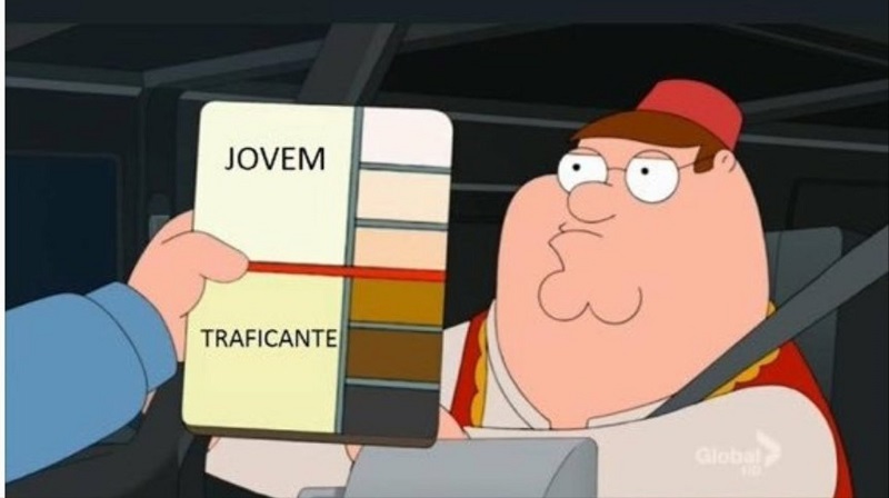 Meme com ilustração de um homem de pele bege claro dirigindo um carro. De frente para ele, uma mão segura um cartão de cores, com variações entre o bege mais claro até o marrom bem escuro, no qual as cores mais claras são definidas como “jovem” e as mais escuras como “traficante”.