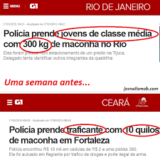 Reprodução de duas manchetes do G1. Na primeira o título "Polícia prende jovens de classe média com 300Kg de maconha no Rio" e na segunda com o título "Polícia prende traficante com 10 quilos de maconha em Fortaleza".