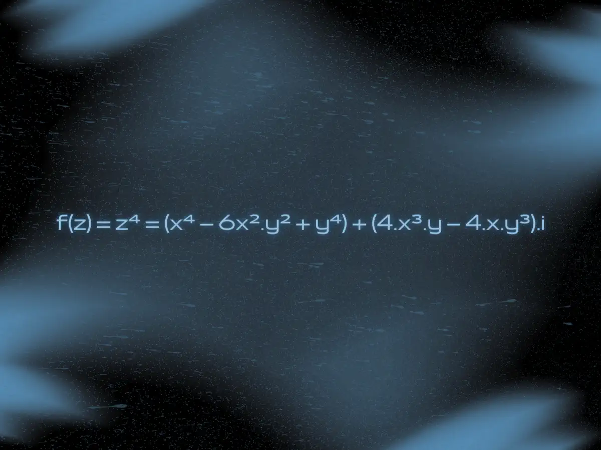 Estilização visual do gráfico da função apresentada pelo autor f(z) = z⁴ = (x⁴ – 6x².y² + y⁴) + (4.x³.y – 4.x.y³).i Arte por Clorofreela.