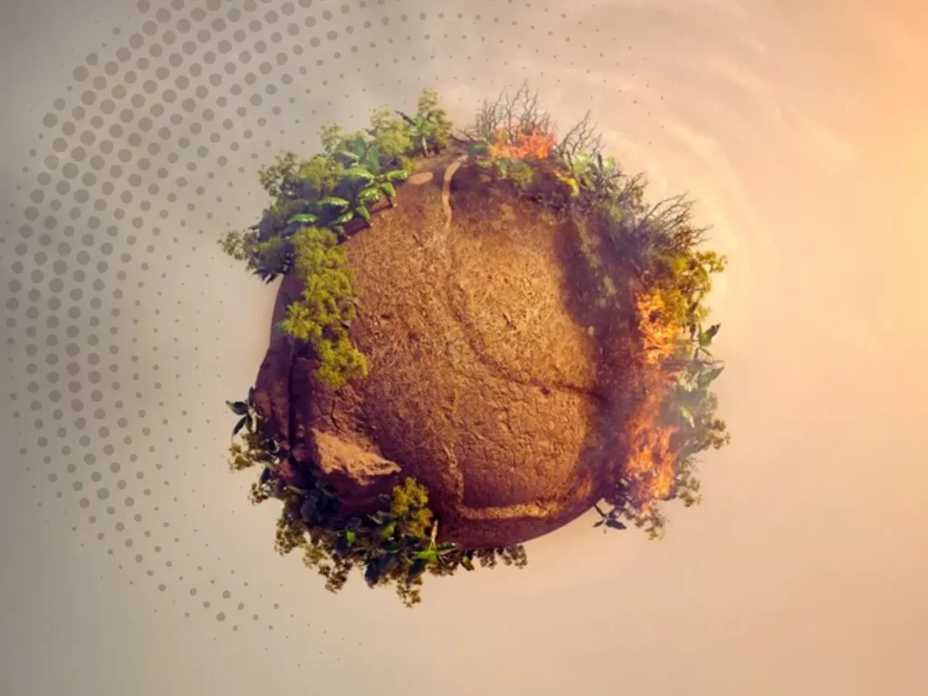 Planeta terra representado como uma esfera maçiça de solo com algumas plantas em sua superfície sendo devastas por queimadas.