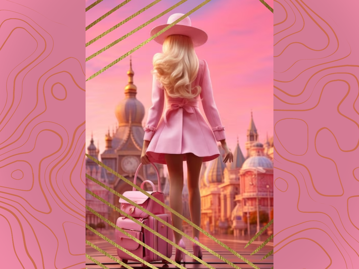 Boneca com vestimentas rosa, cabelos loiros e mala de viagens na mão observando alguns castelos.