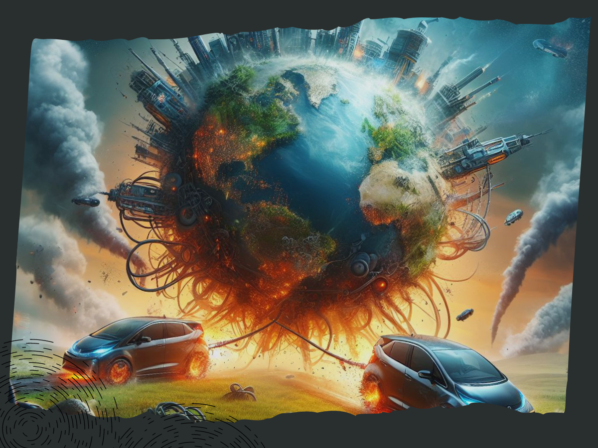 imagem do planeta terra estilizado, com muitos prédios, fumaça e cabos de força, com carros elétricos ligados a ele.