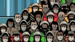 Imagem em que no primeiro plano aparecem vários rostos de trabalhadores, ocupando o canto esquerdo, em uma diagonal. Os trabalhadores estão de máscara, capacetes e mochilas semelhantes às de entregadores de refeição por aplicativo. Atrás, em segundo plano, prédios.