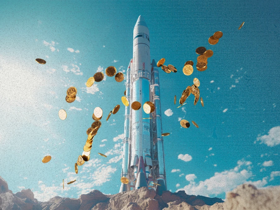 a Space Economy representada em imagem de um foguete, envolto a moedas