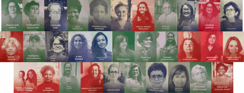 Imagem de montagem com fotografias das 33 mulheres da exposição.